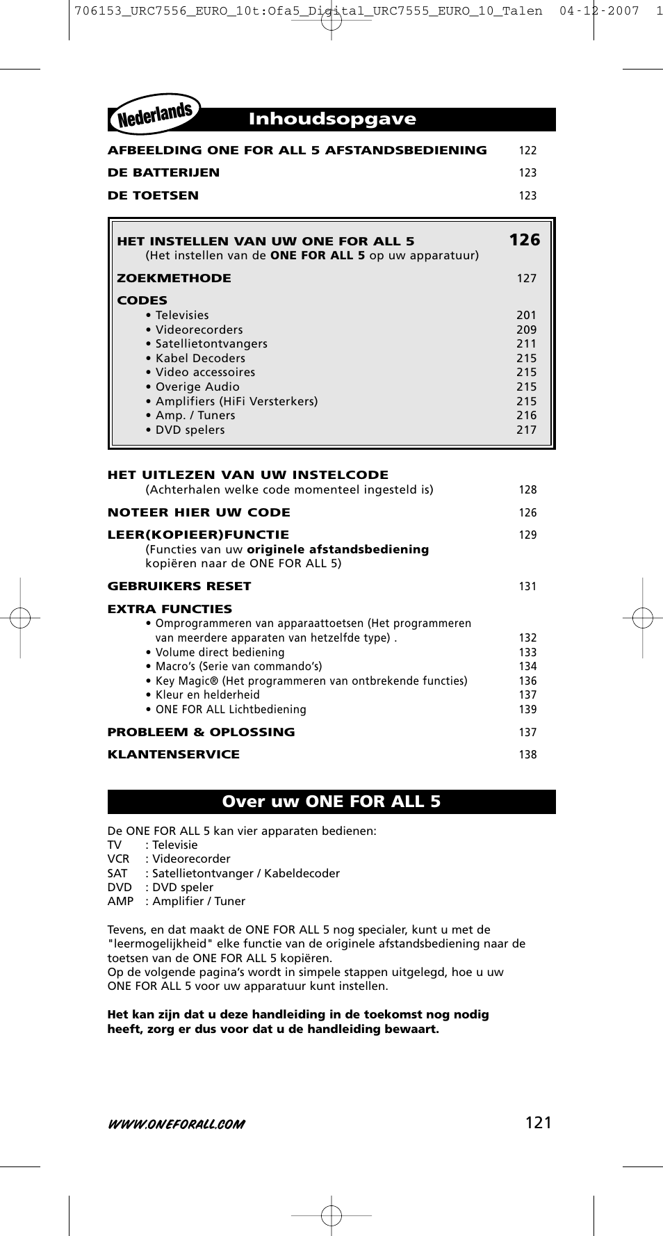 Nederlan ds, Inhoudsopgave, Over uw one for all 5 | One for All URC-7556 User Manual | Page 122 / 224