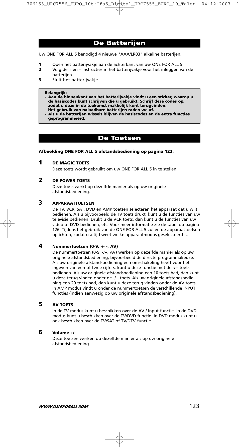 123 de batterijen, De toetsen | One for All URC-7556 User Manual | Page 124 / 224