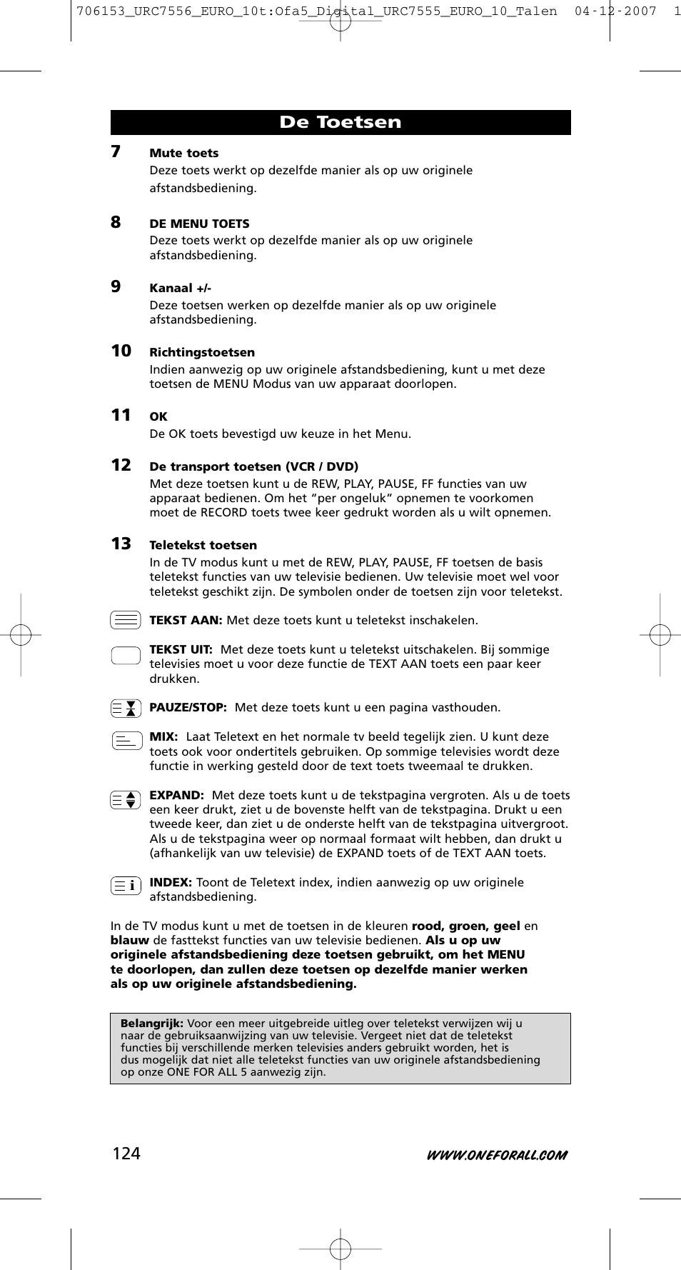 De toetsen | One for All URC-7556 User Manual | Page 125 / 224