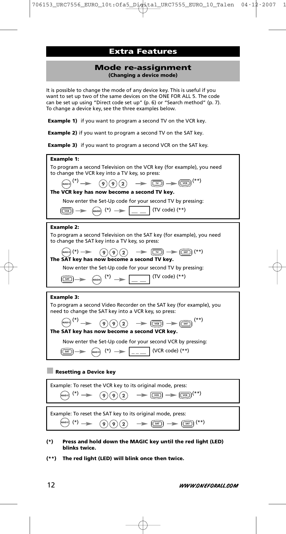 Extra features mode re-assignment | One for All URC-7556 User Manual | Page 13 / 224