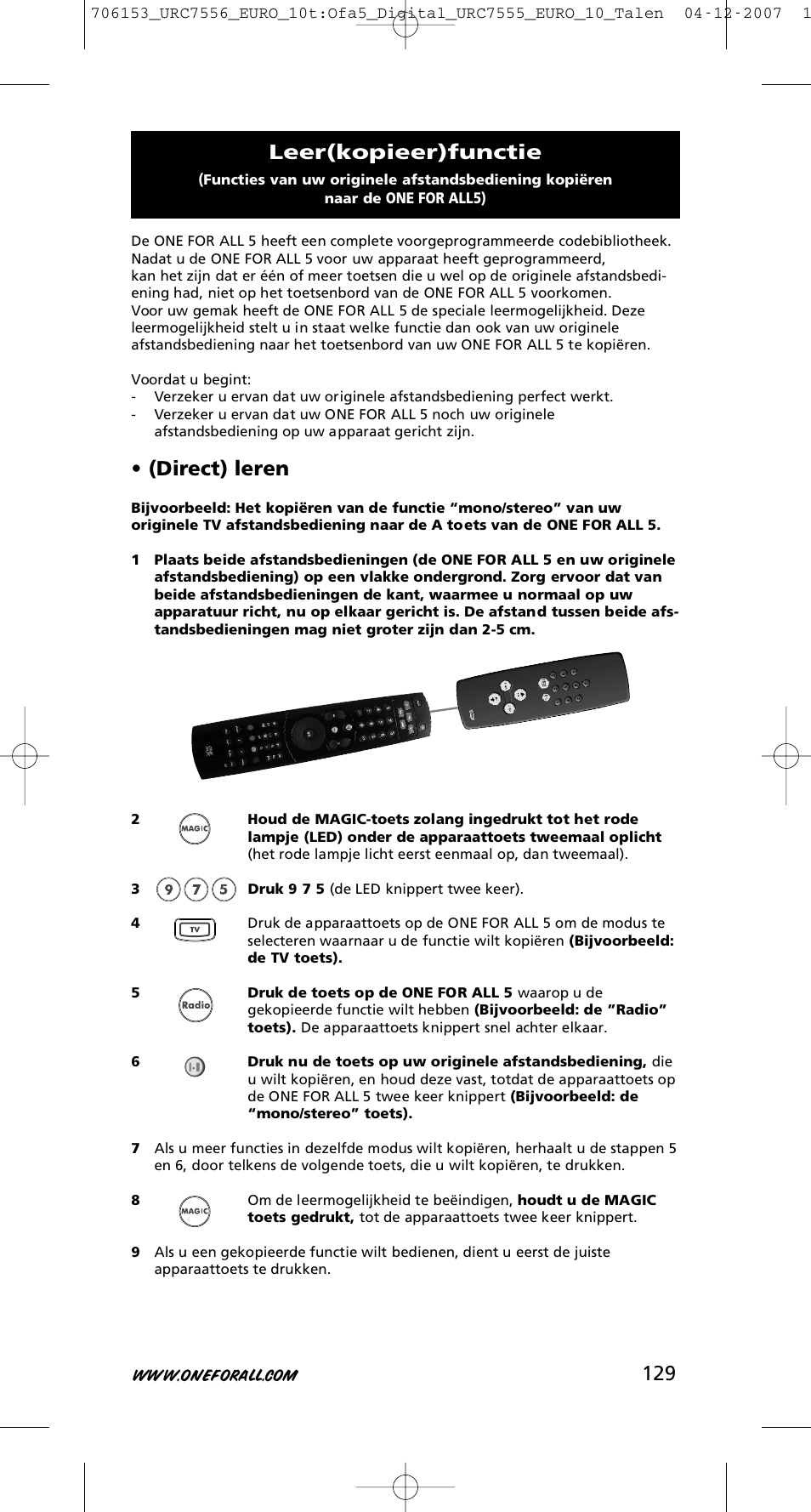 Direct) leren, Leer(kopieer)functie | One for All URC-7556 User Manual | Page 130 / 224