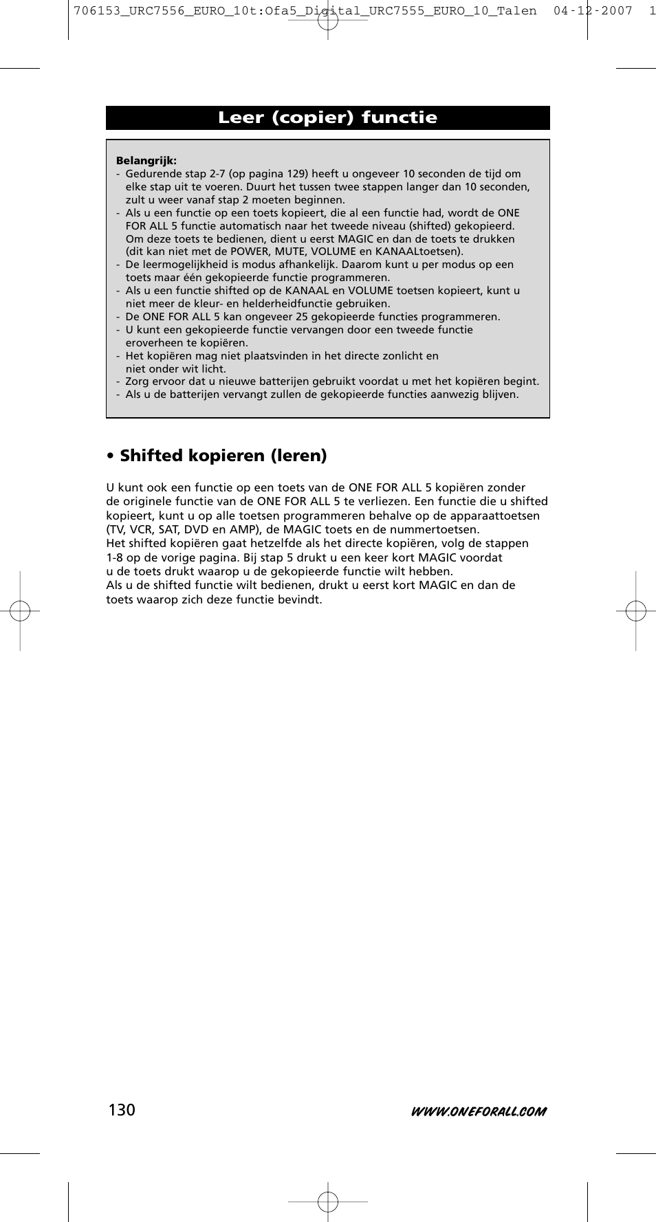 Leer (copier) functie • shifted kopieren (leren) | One for All URC-7556 User Manual | Page 131 / 224