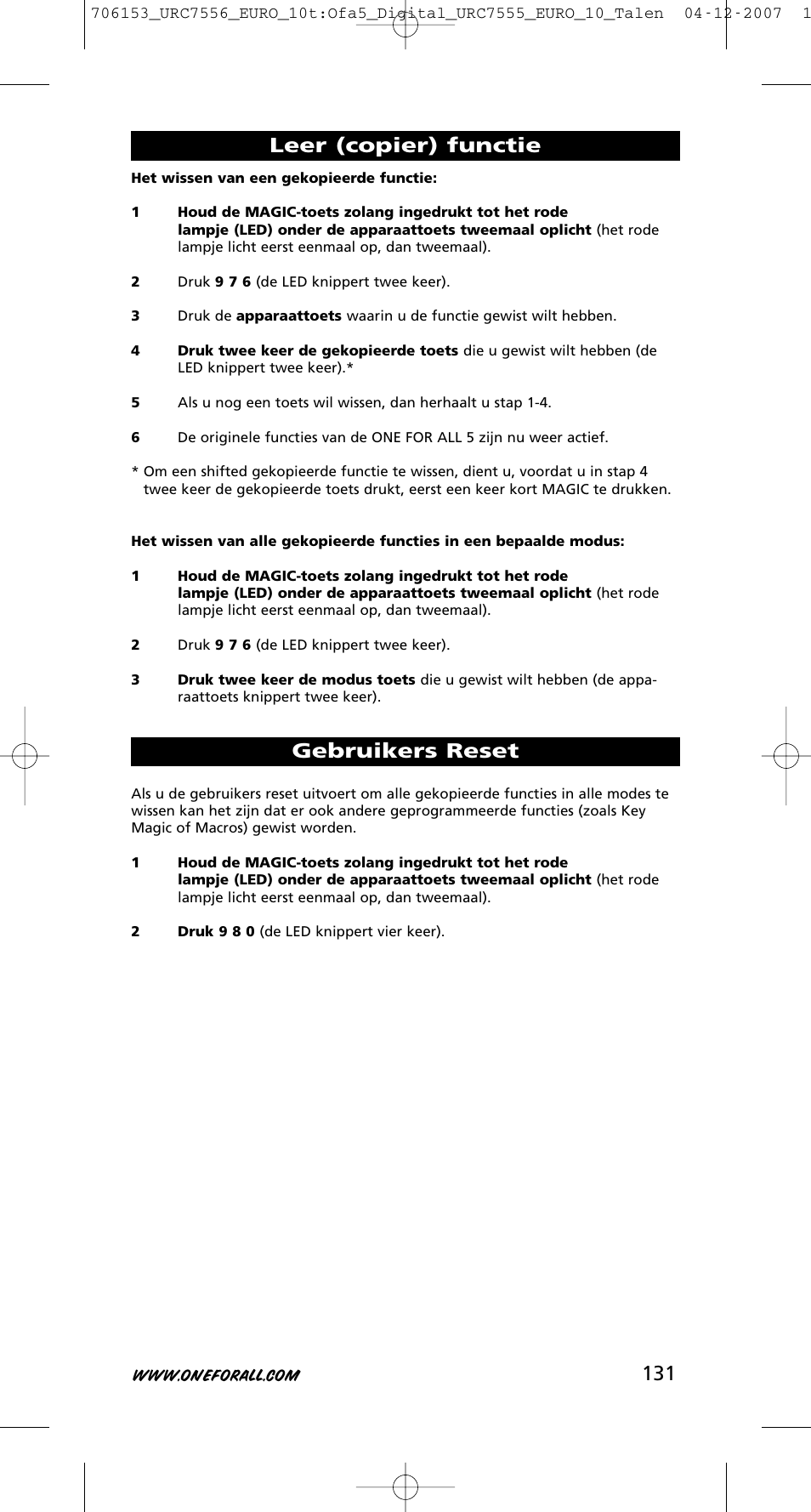 Gebruikers reset, Leer (copier) functie | One for All URC-7556 User Manual | Page 132 / 224