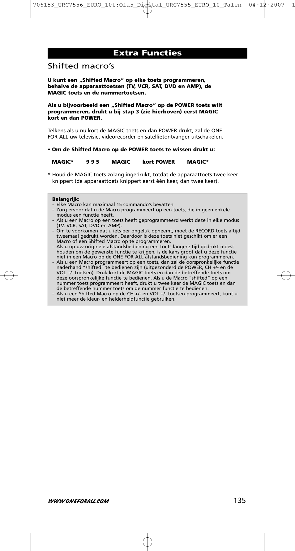 135 shifted macro’s, Extra functies | One for All URC-7556 User Manual | Page 136 / 224