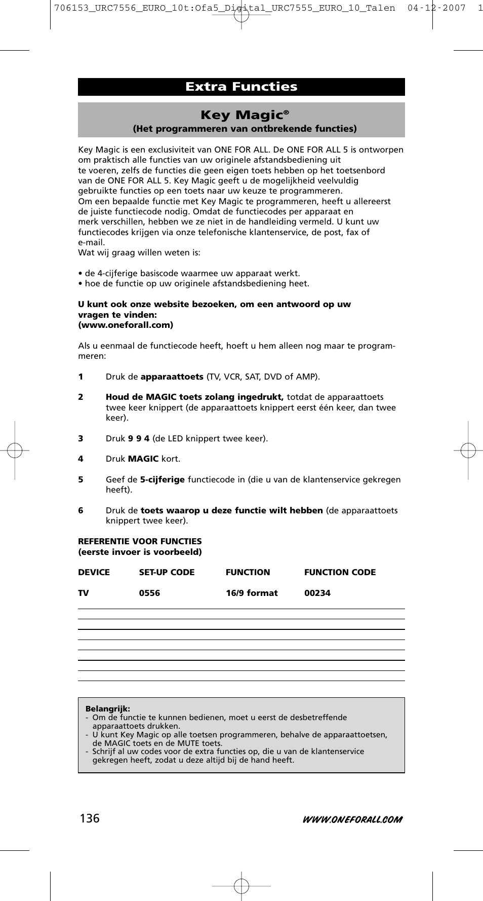 Key magic, Extra functies | One for All URC-7556 User Manual | Page 137 / 224