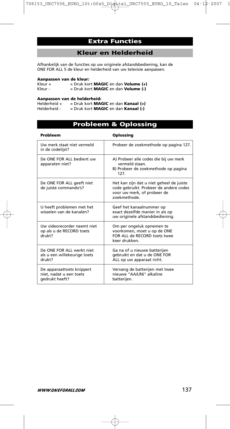 137 probleem & oplossing, Kleur en helderheid extra functies | One for All URC-7556 User Manual | Page 138 / 224