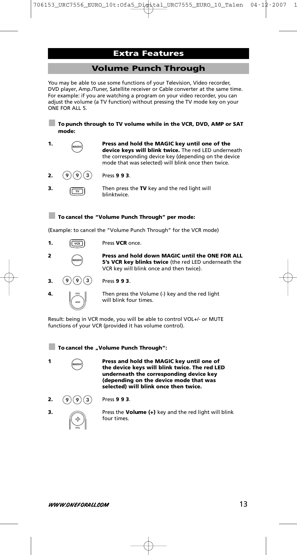 13 volume punch through, Extra features | One for All URC-7556 User Manual | Page 14 / 224