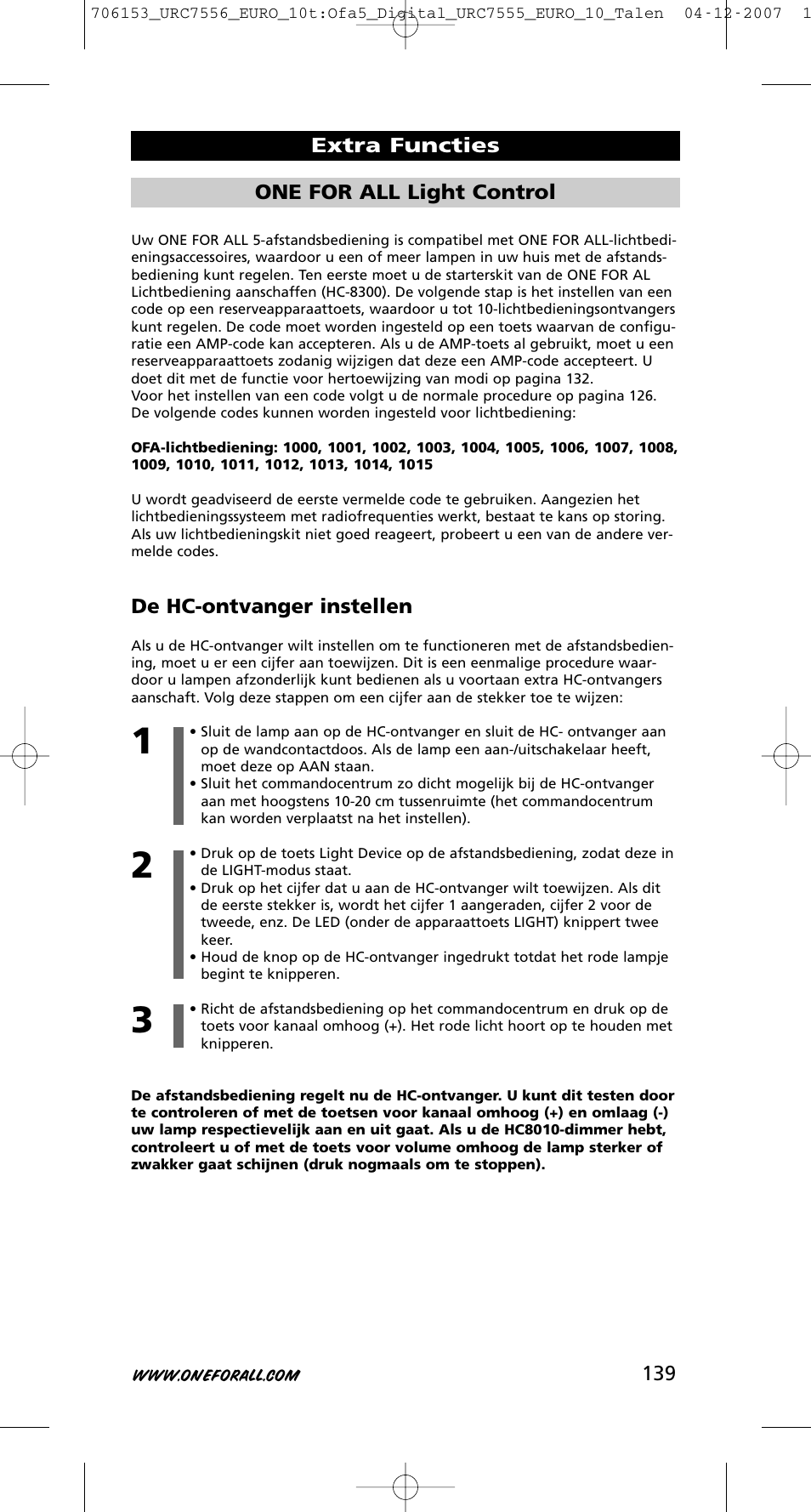 De hc-ontvanger instellen, Extra functies one for all light control | One for All URC-7556 User Manual | Page 140 / 224