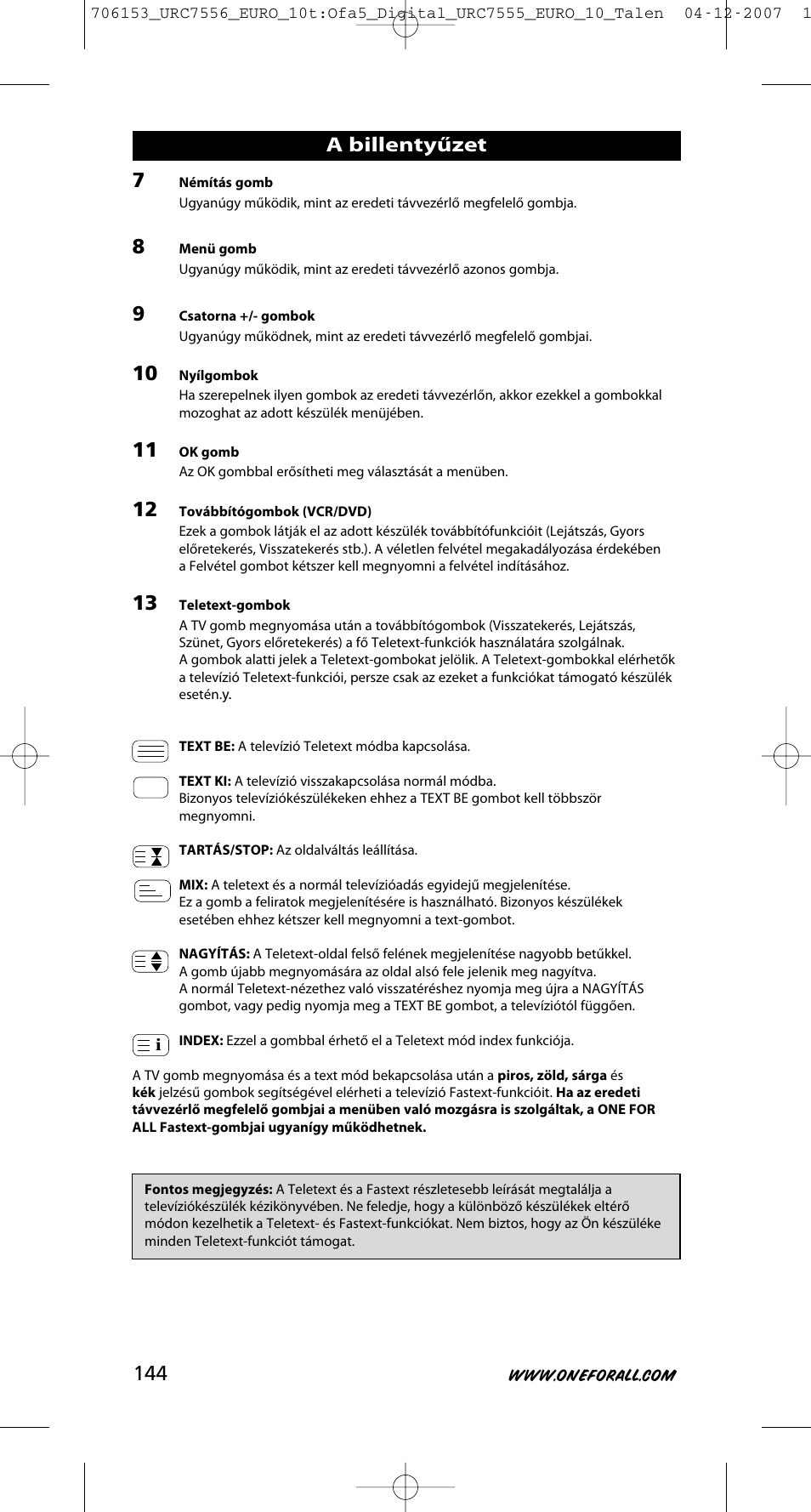 A billentyűzet | One for All URC-7556 User Manual | Page 145 / 224