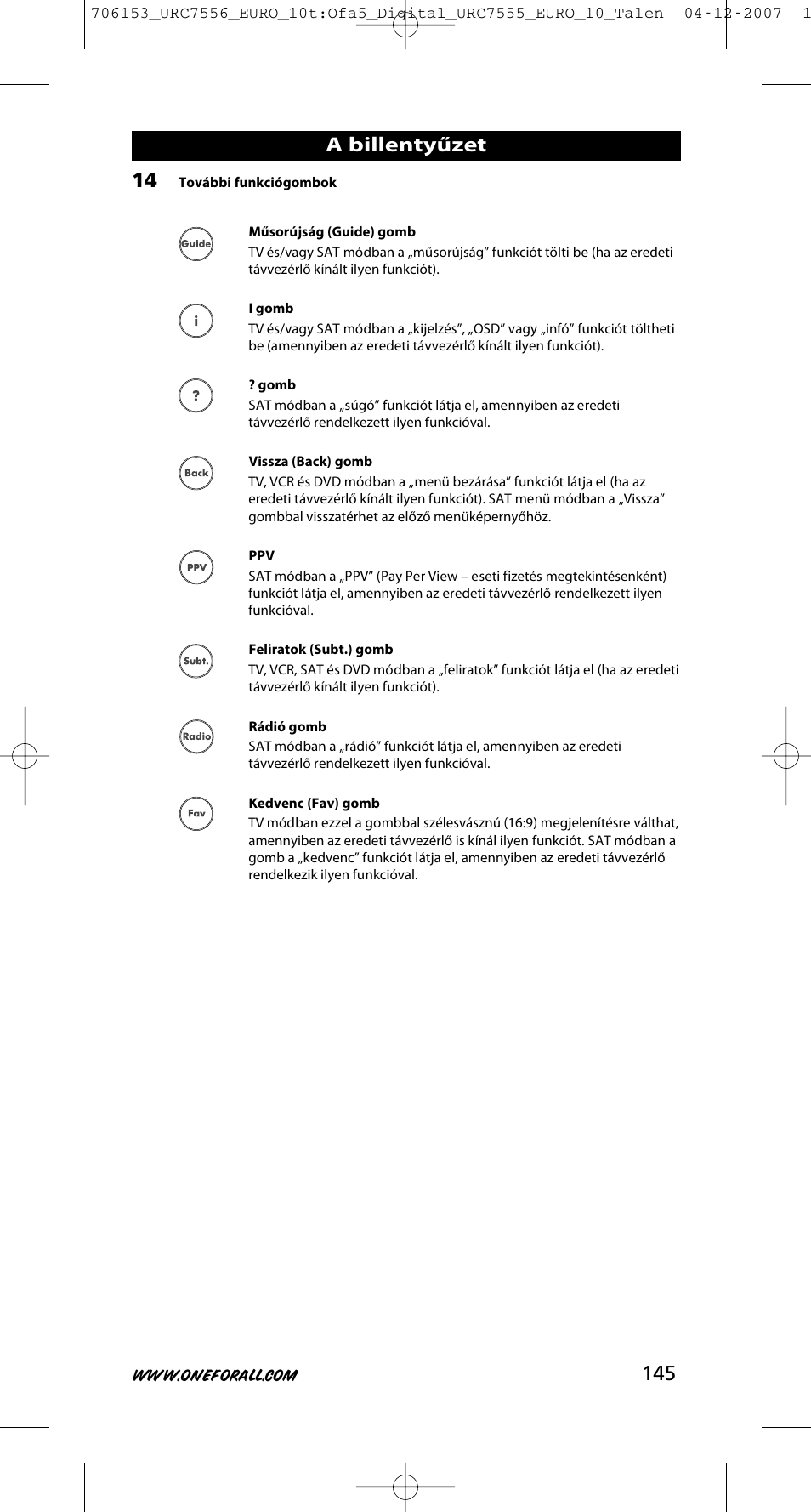 A billentyűzet | One for All URC-7556 User Manual | Page 146 / 224