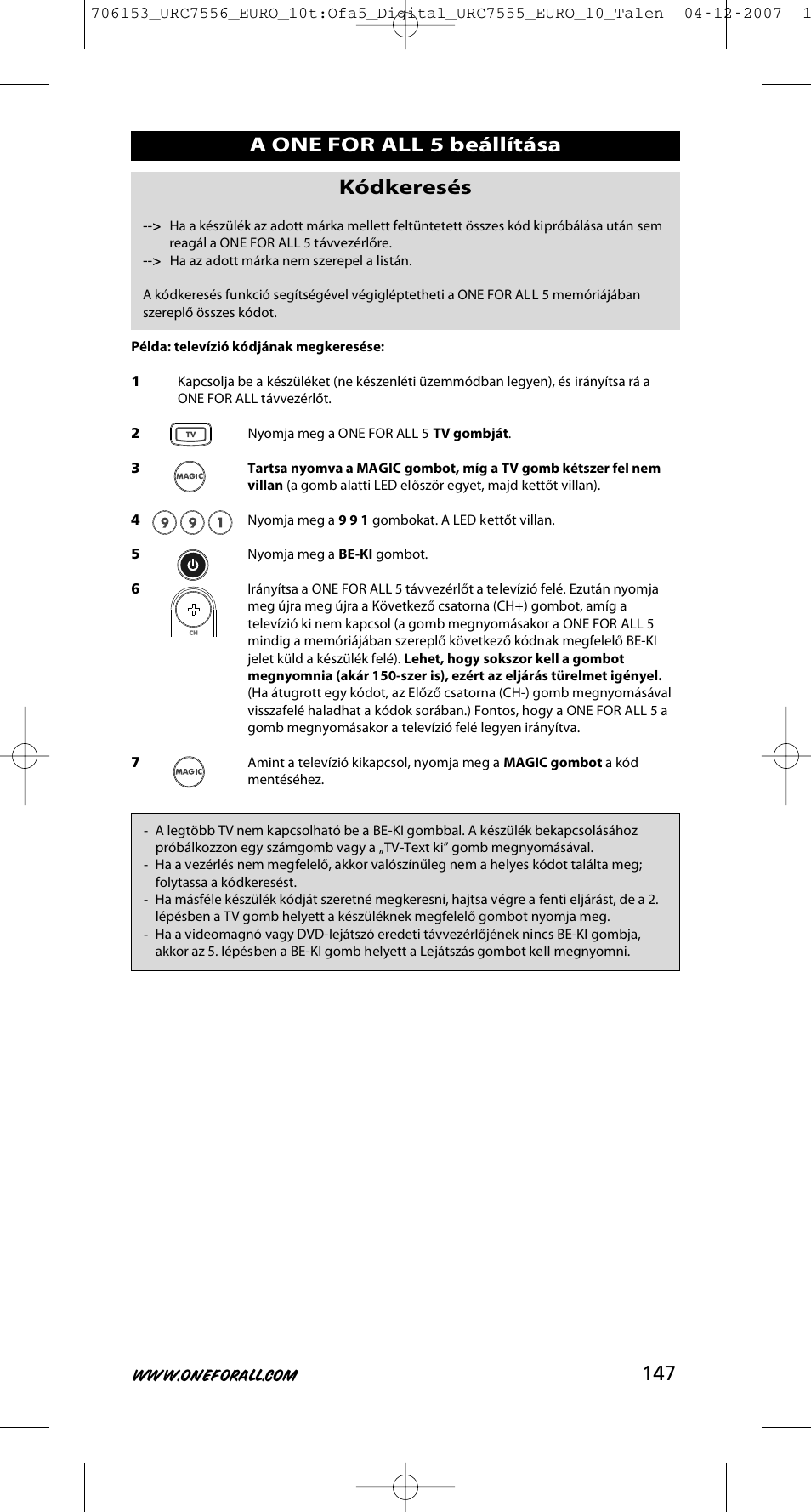 147 a one for all 5 beállítása kódkeresés | One for All URC-7556 User Manual | Page 148 / 224