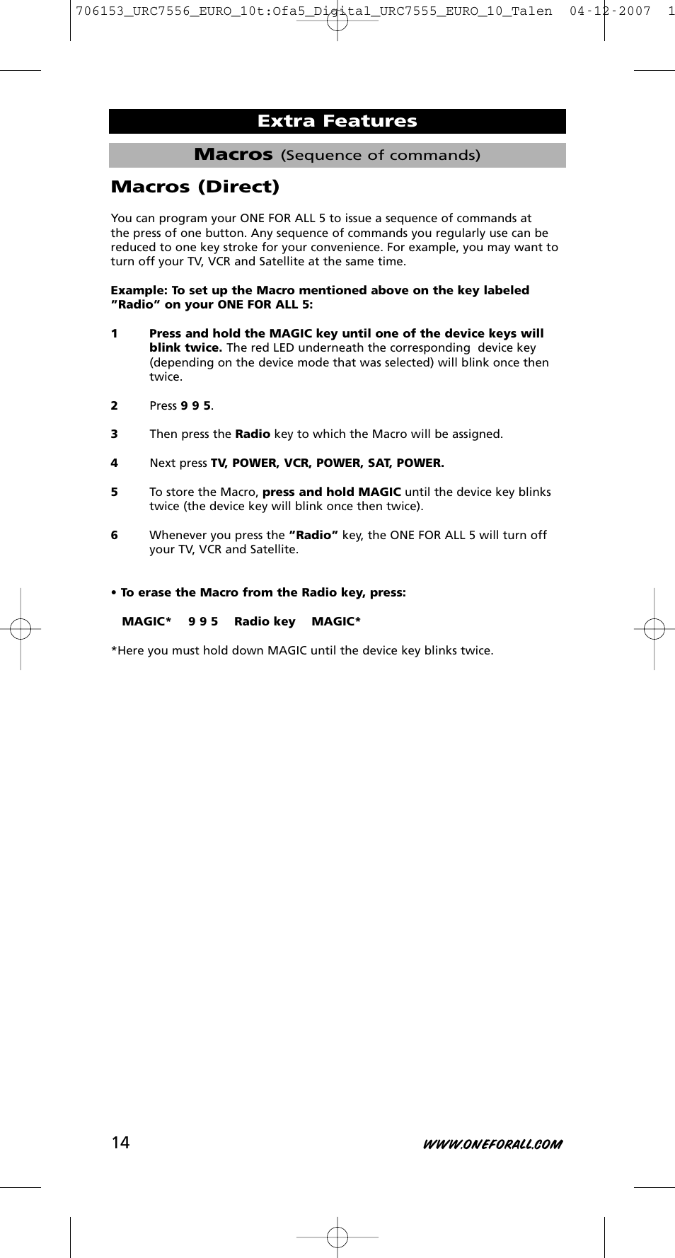 Macros, Extra features macros (direct) | One for All URC-7556 User Manual | Page 15 / 224