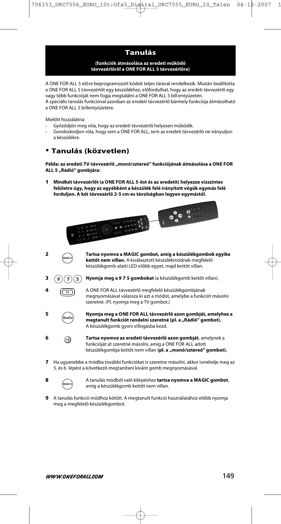 Tanulás (közvetlen), Tanulás | One for All URC-7556 User Manual | Page 150 / 224