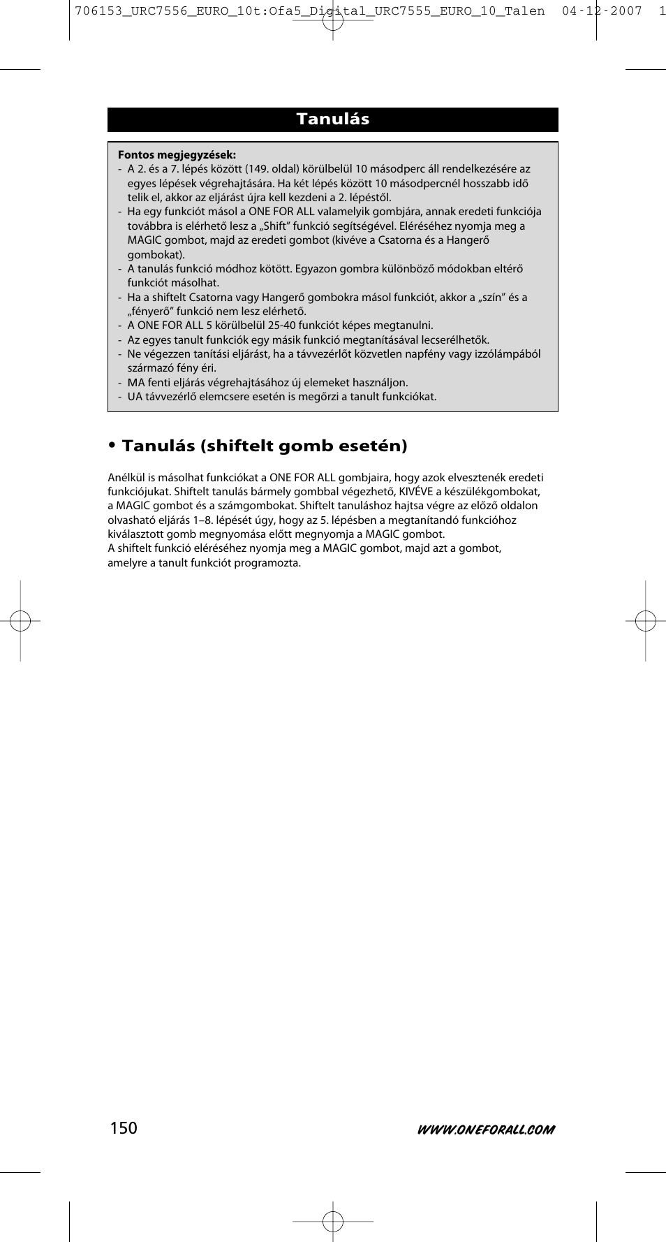 Tanulás • tanulás (shiftelt gomb esetén) | One for All URC-7556 User Manual | Page 151 / 224