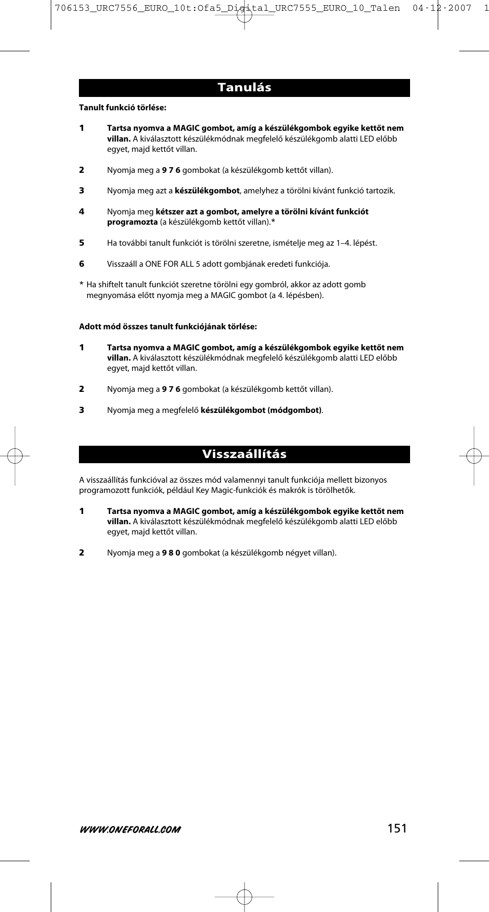 Visszaállítás, Tanulás | One for All URC-7556 User Manual | Page 152 / 224