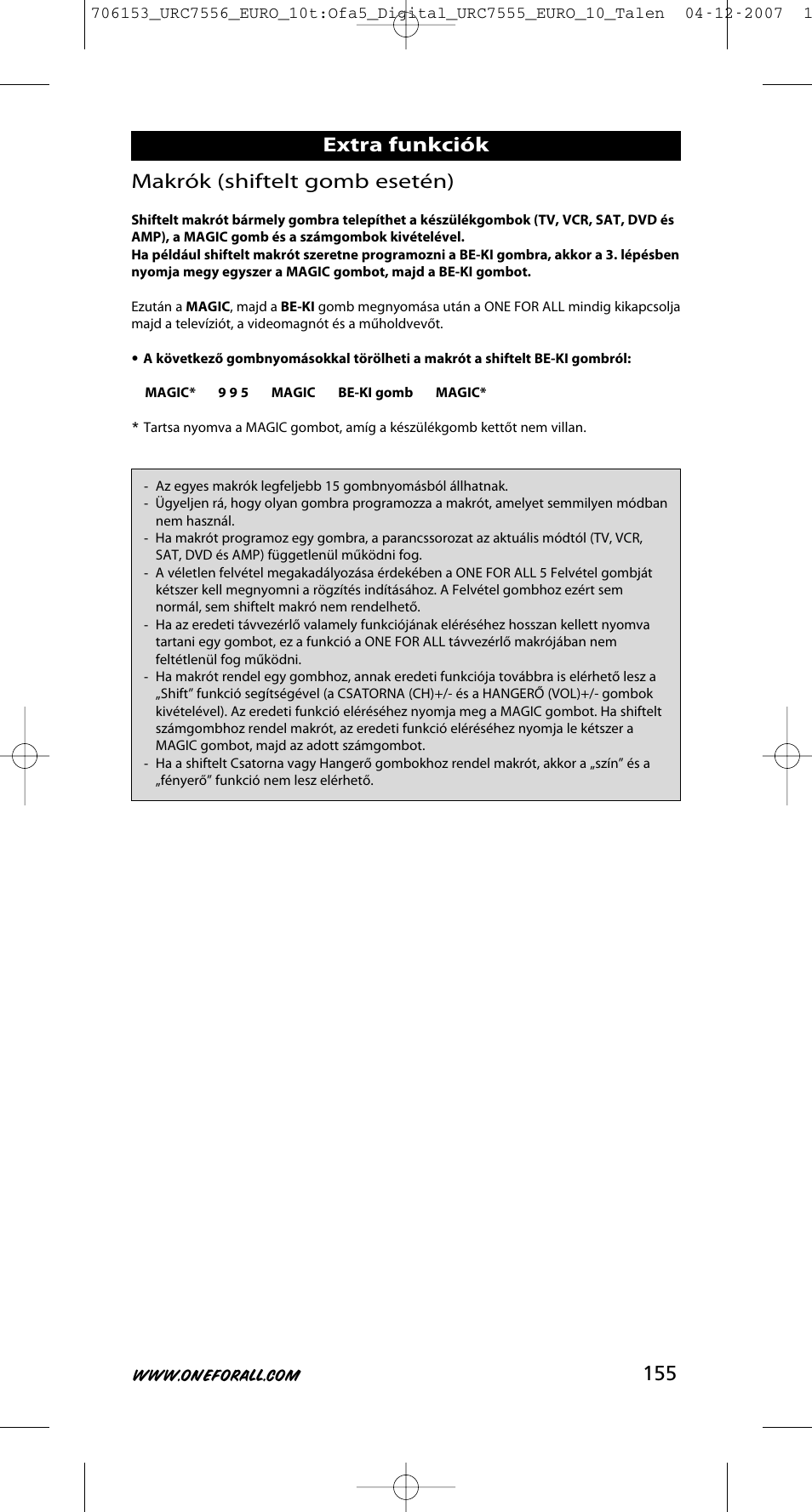 155 makrók (shiftelt gomb esetén), Extra funkciók | One for All URC-7556 User Manual | Page 156 / 224