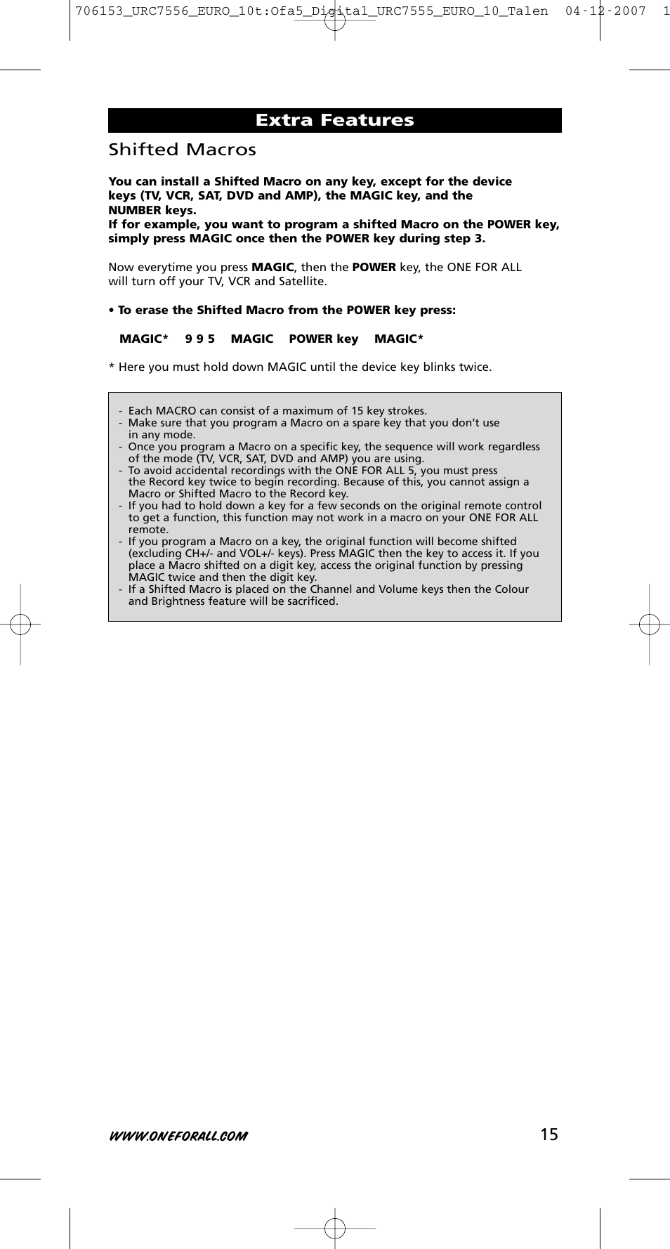 15 shifted macros, Extra features | One for All URC-7556 User Manual | Page 16 / 224