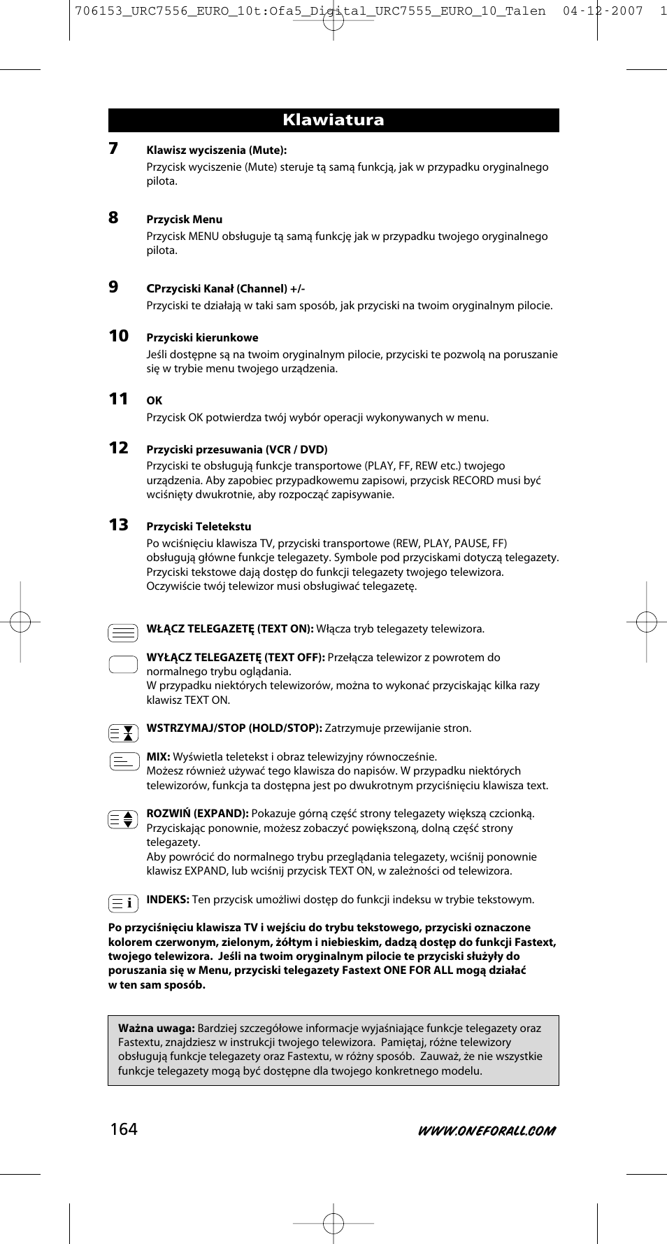 Klawiatura | One for All URC-7556 User Manual | Page 165 / 224