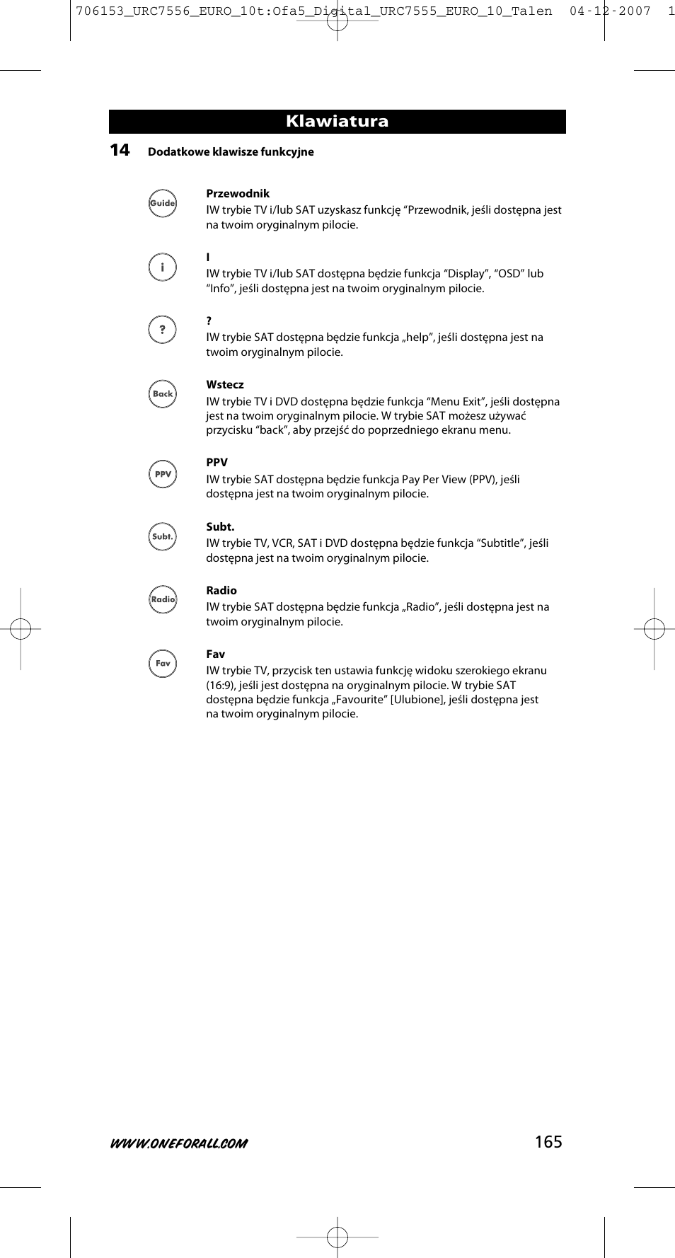 Klawiatura | One for All URC-7556 User Manual | Page 166 / 224