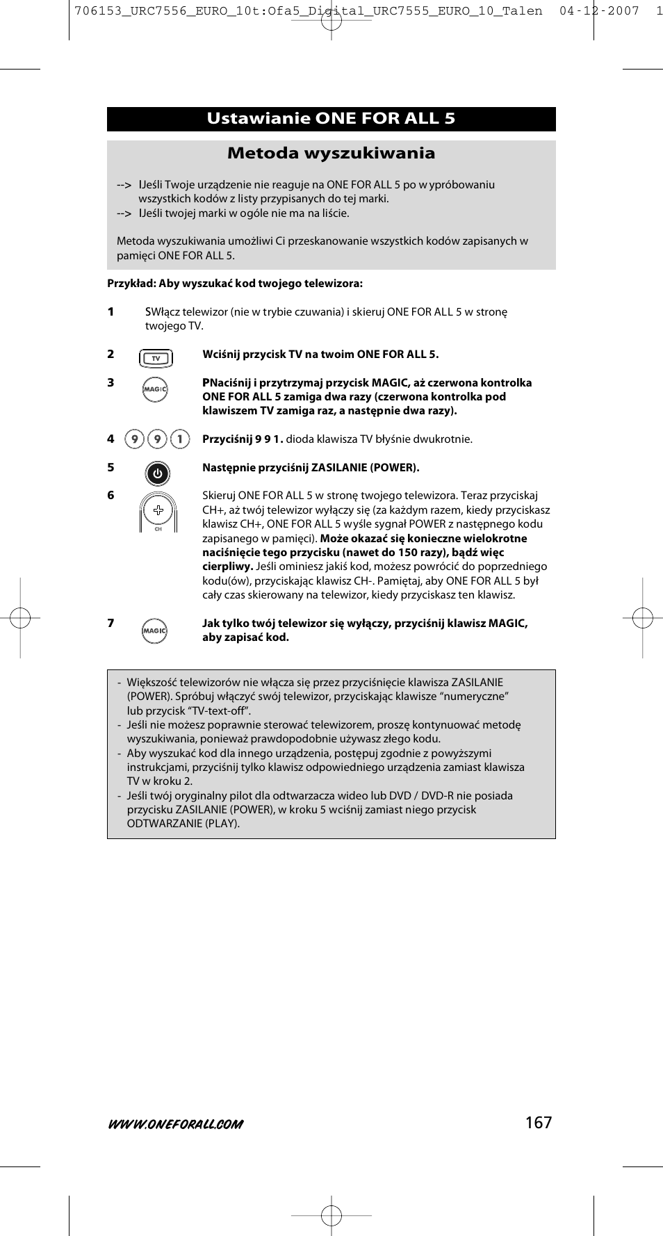 Ustawianie one for all 5 metoda wyszukiwania | One for All URC-7556 User Manual | Page 168 / 224