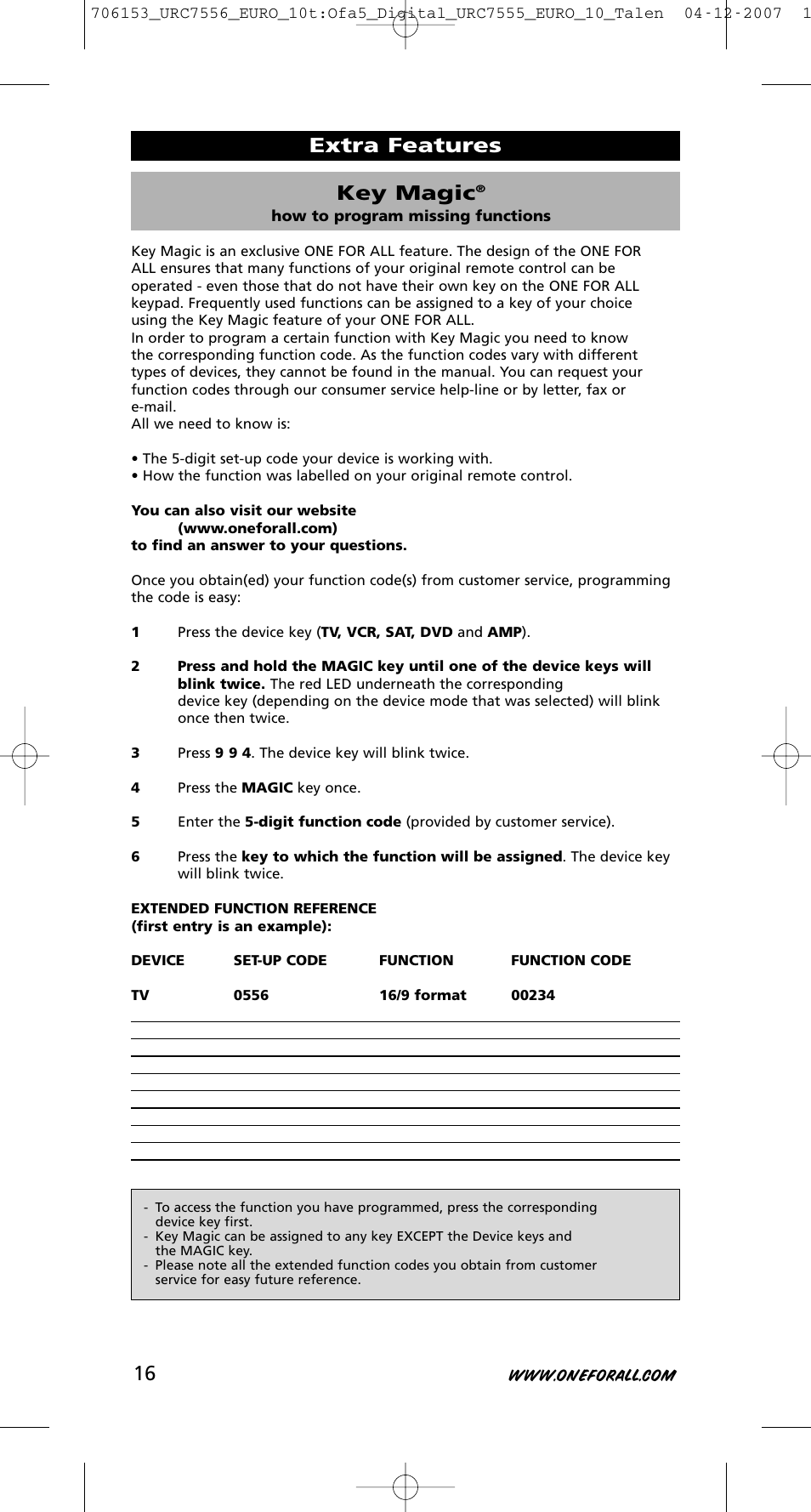 Key magic, Extra features | One for All URC-7556 User Manual | Page 17 / 224