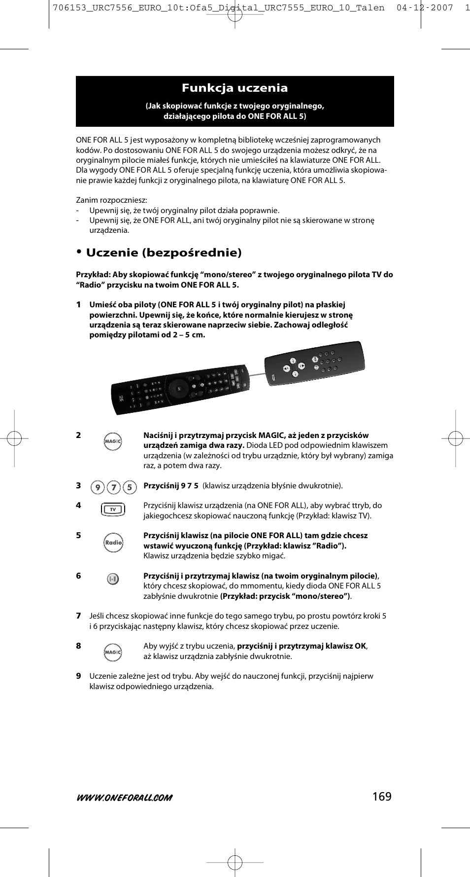 Uczenie (bezpośrednie), Funkcja uczenia | One for All URC-7556 User Manual | Page 170 / 224