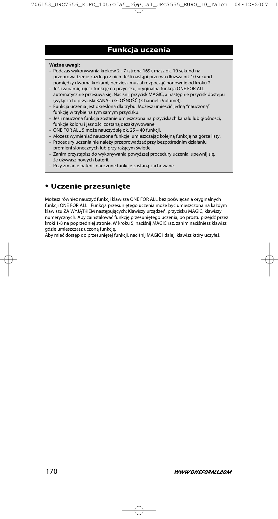 Funkcja uczenia • uczenie przesunięte | One for All URC-7556 User Manual | Page 171 / 224