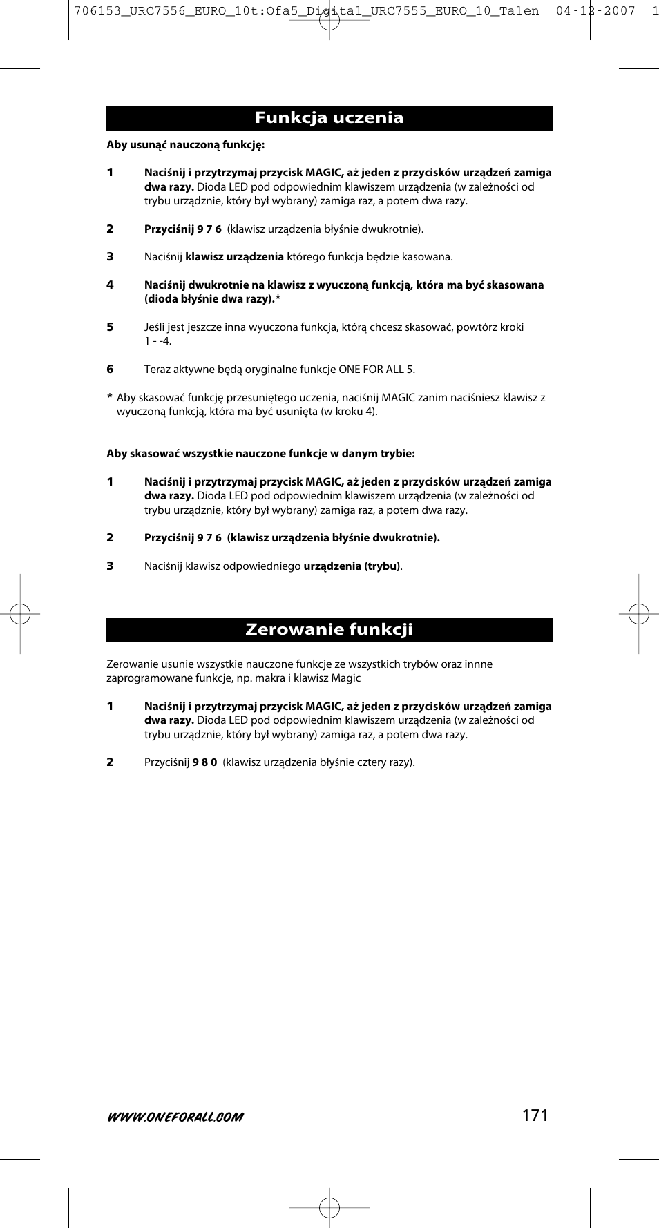 Zerowanie funkcji, Funkcja uczenia | One for All URC-7556 User Manual | Page 172 / 224