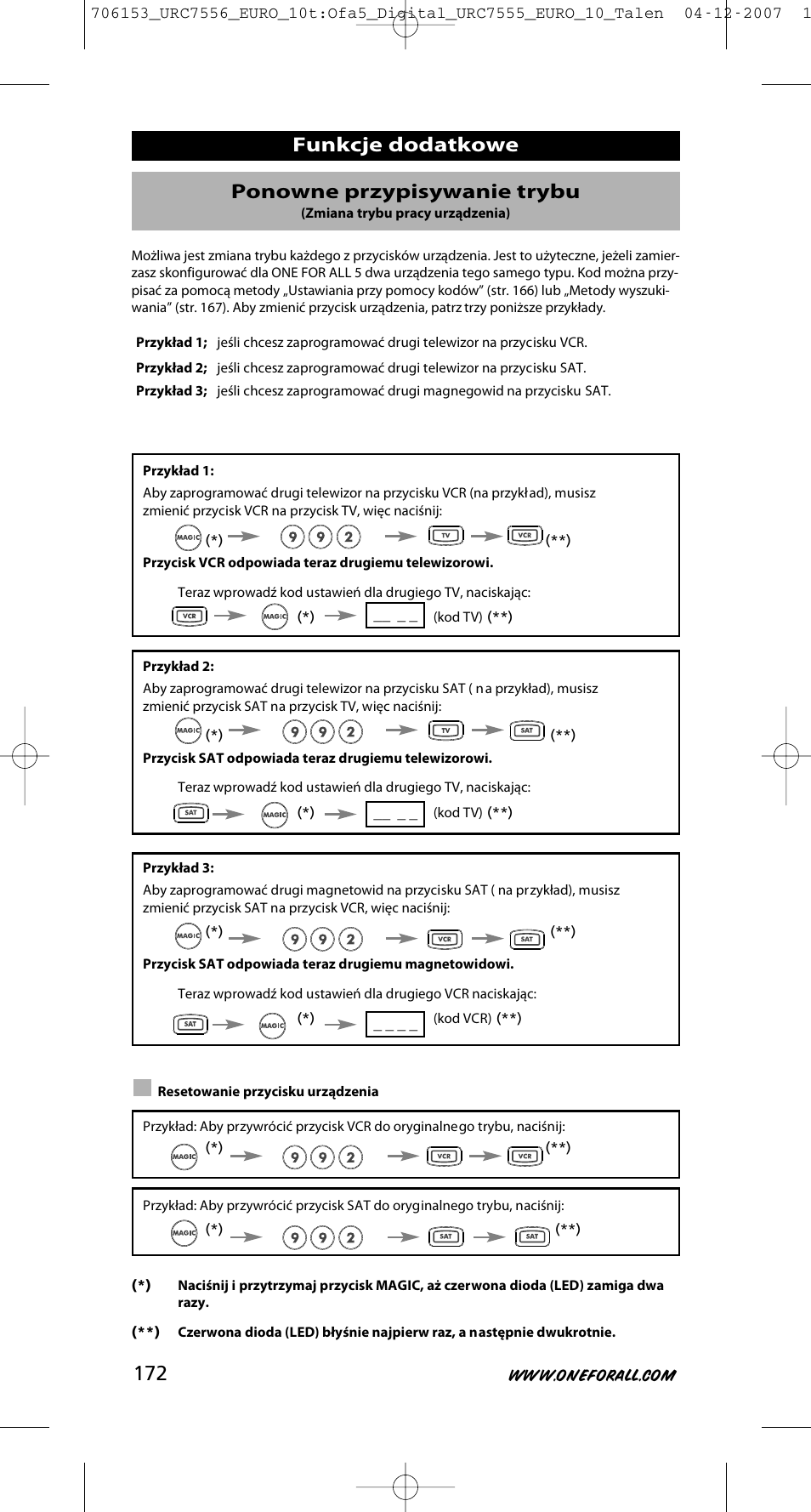 Funkcje dodatkowe ponowne przypisywanie trybu | One for All URC-7556 User Manual | Page 173 / 224