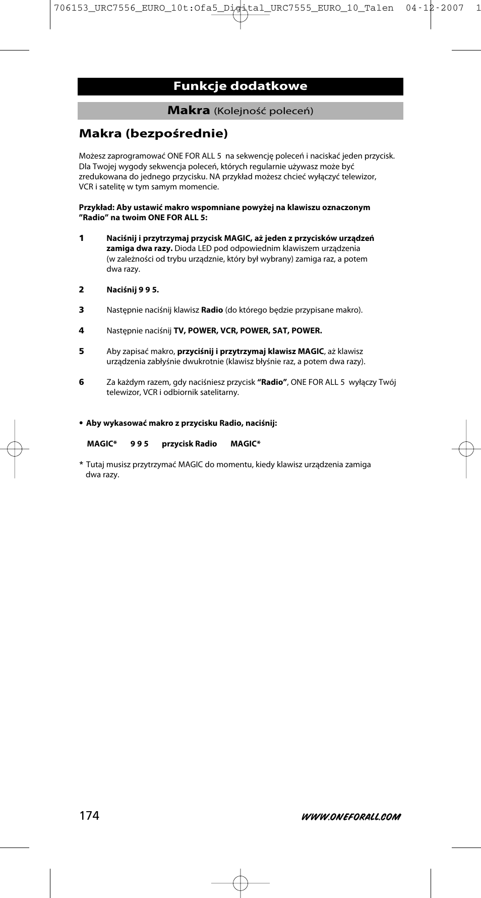 Makra, Funkcje dodatkowe makra (bezpośrednie) | One for All URC-7556 User Manual | Page 175 / 224