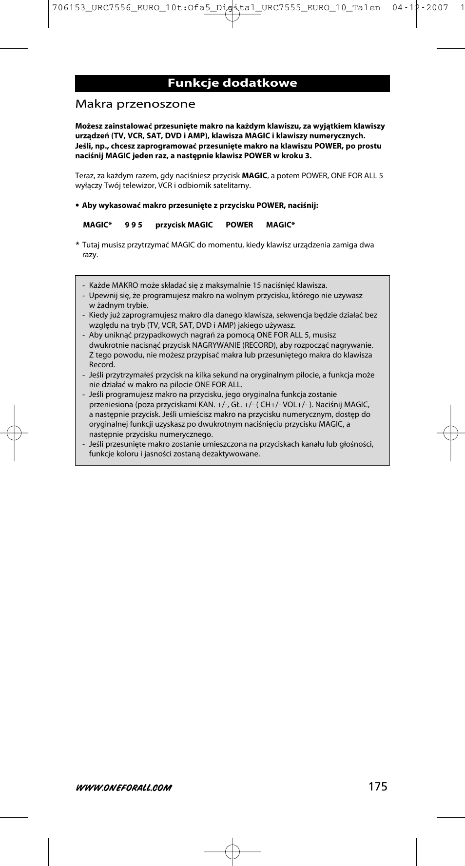 175 makra przenoszone, Funkcje dodatkowe | One for All URC-7556 User Manual | Page 176 / 224