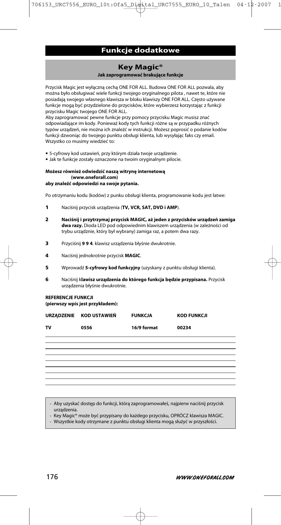 Key magic, Funkcje dodatkowe | One for All URC-7556 User Manual | Page 177 / 224