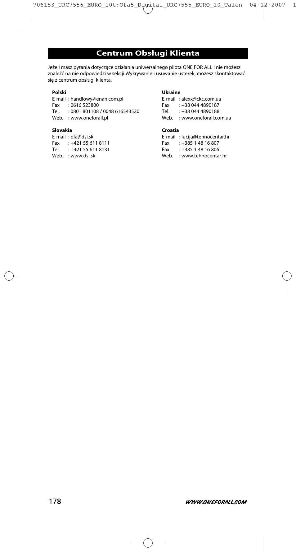 Centrum obsługi klienta | One for All URC-7556 User Manual | Page 179 / 224