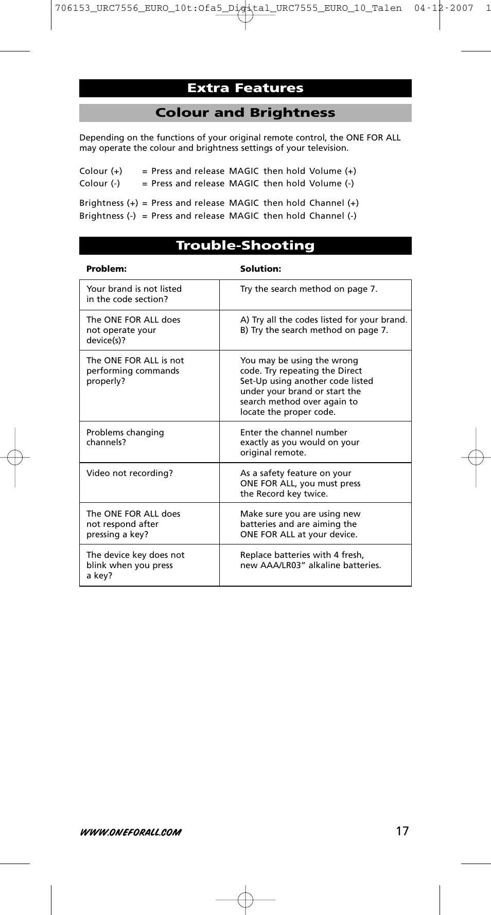 17 trouble-shooting, Colour and brightness extra features | One for All URC-7556 User Manual | Page 18 / 224