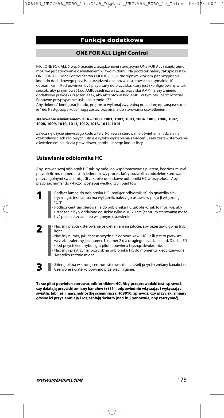 Ustawianie odbiornika hc, Funkcje dodatkowe one for all light control | One for All URC-7556 User Manual | Page 180 / 224