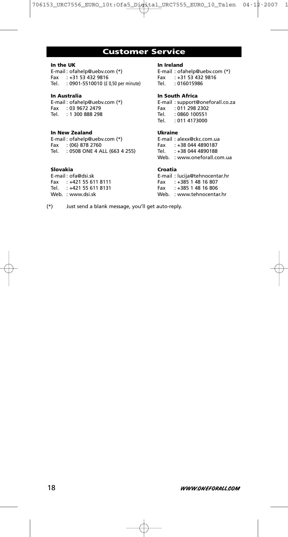 Customer service | One for All URC-7556 User Manual | Page 19 / 224