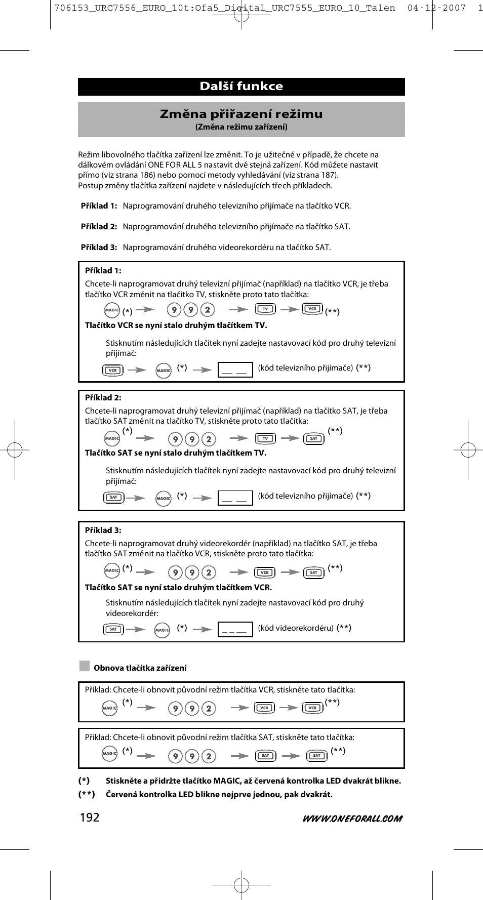 Další funkce změna přiřazení režimu | One for All URC-7556 User Manual | Page 193 / 224