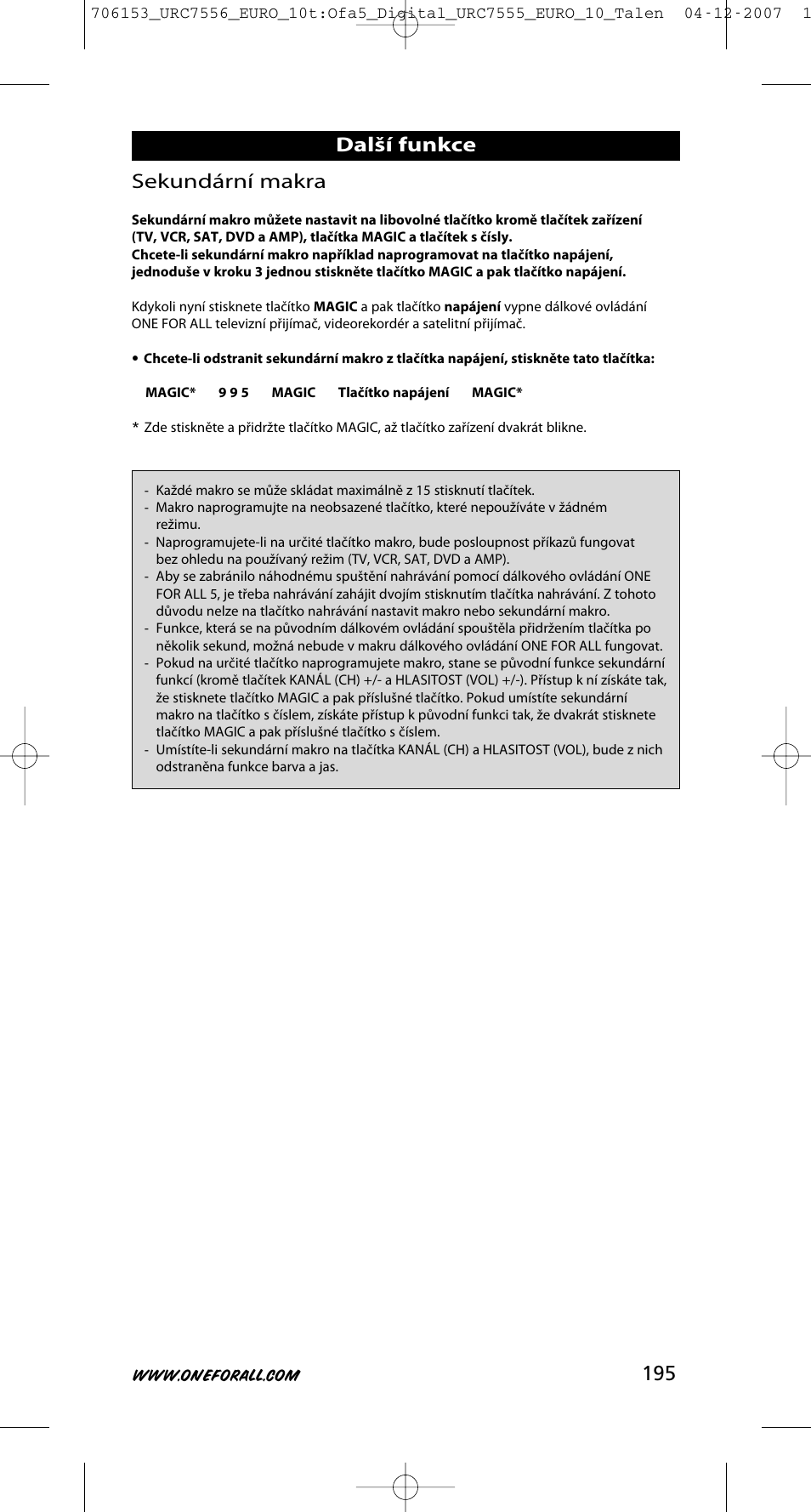 195 sekundární makra, Další funkce | One for All URC-7556 User Manual | Page 196 / 224