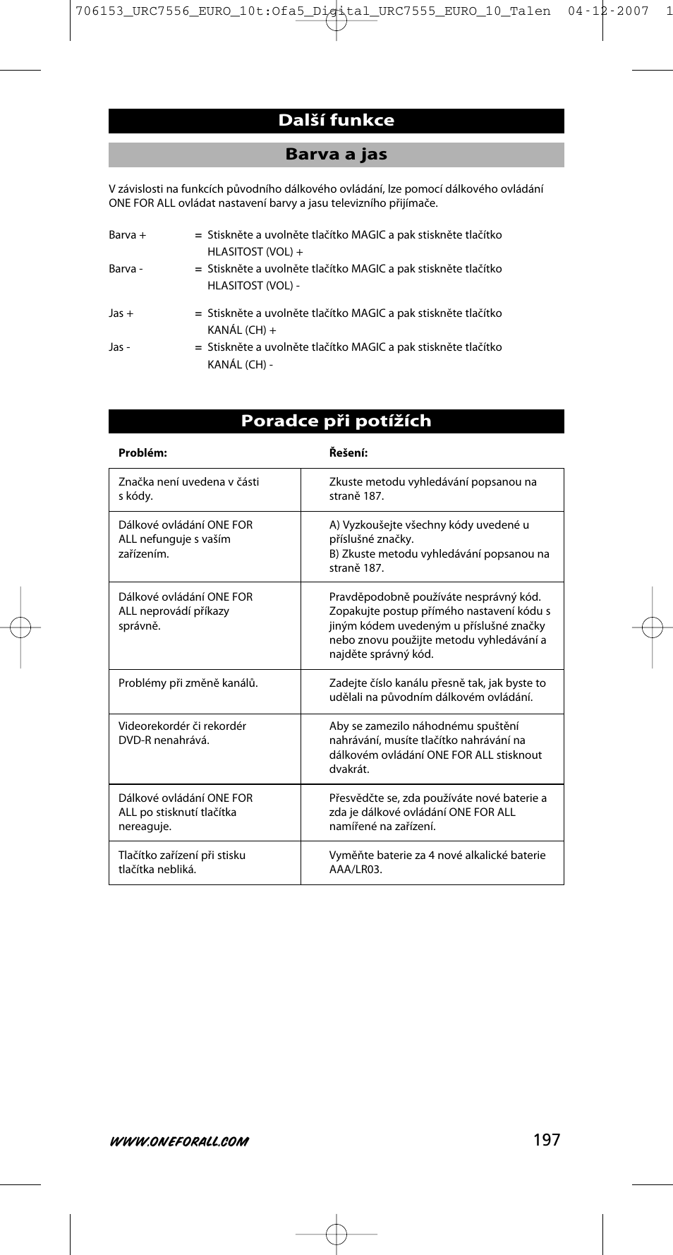 197 poradce při potížích, Barva a jas další funkce | One for All URC-7556 User Manual | Page 198 / 224