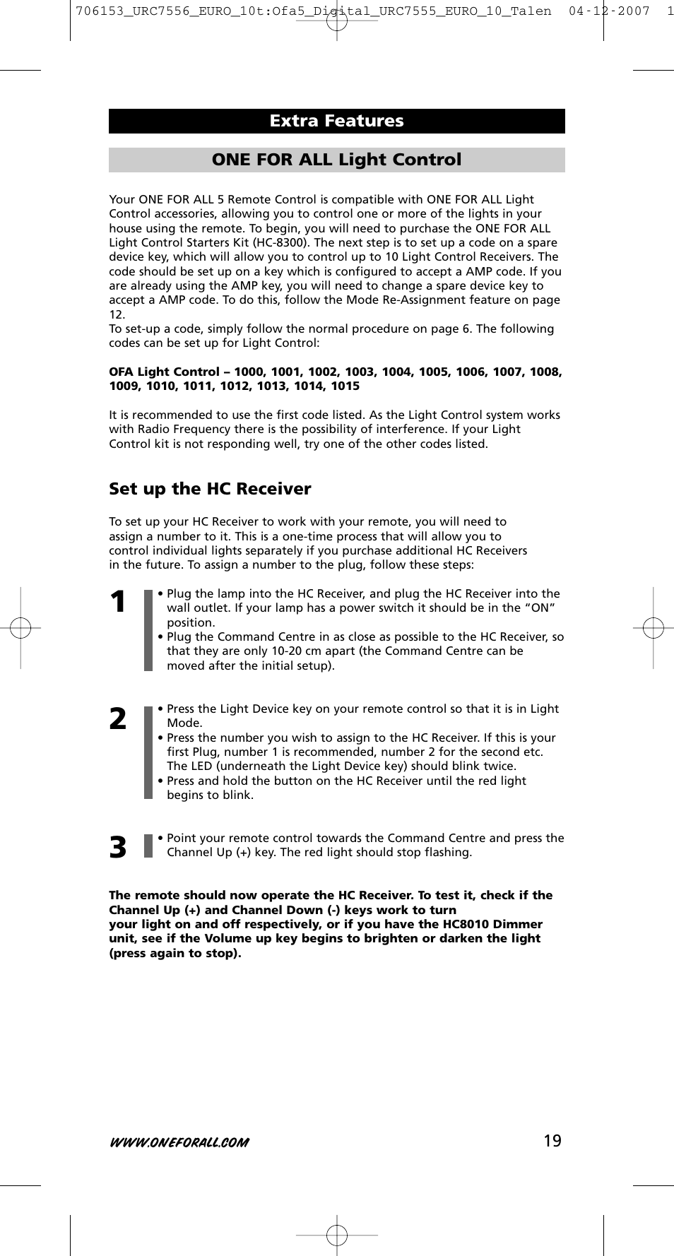 Set up the hc receiver, Extra features one for all light control | One for All URC-7556 User Manual | Page 20 / 224