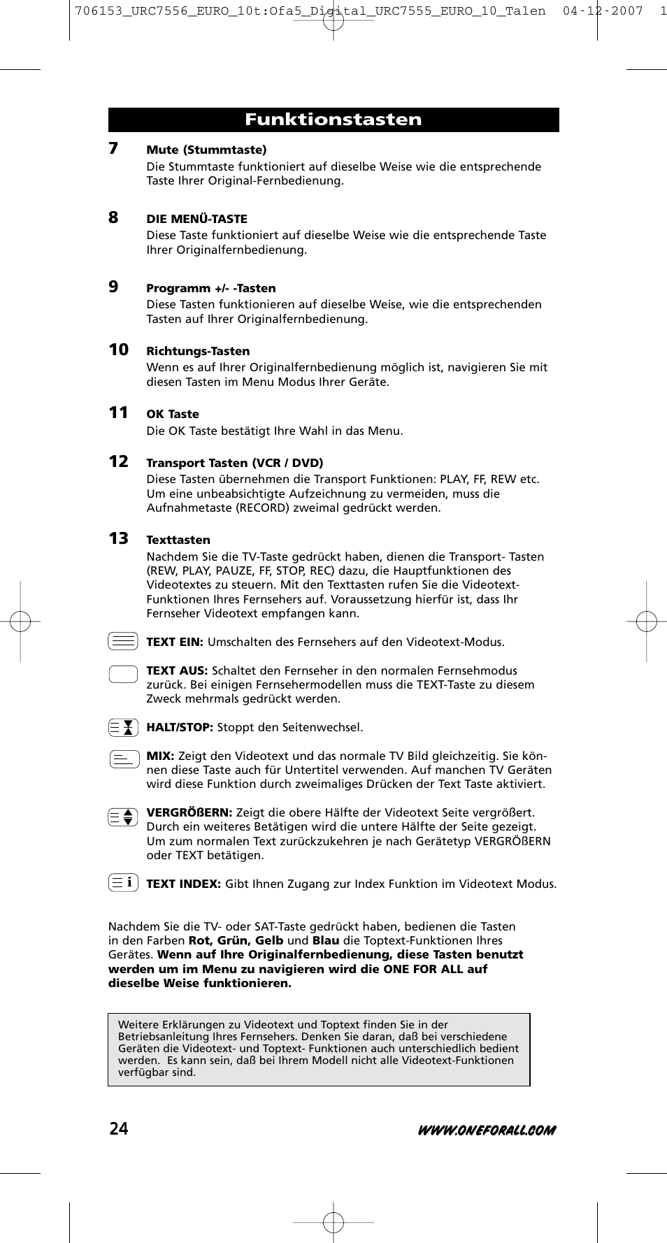 Funktionstasten | One for All URC-7556 User Manual | Page 25 / 224