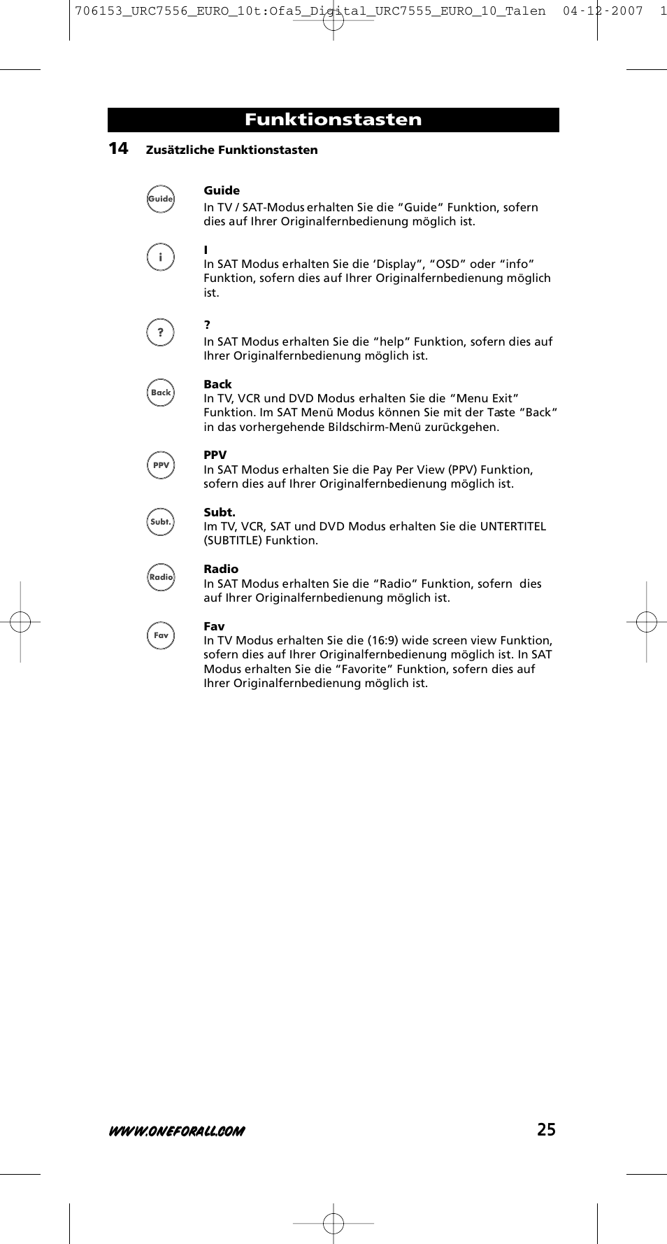 Funktionstasten | One for All URC-7556 User Manual | Page 26 / 224