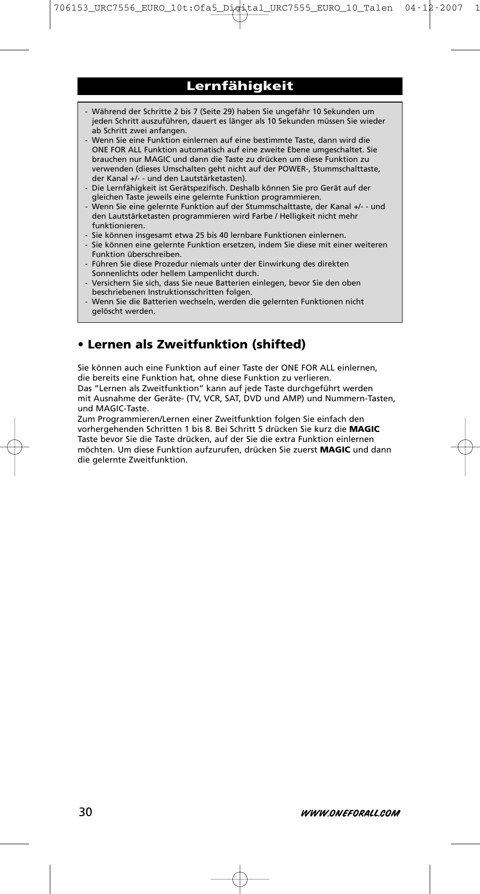 Lernfähigkeit • lernen als zweitfunktion (shifted) | One for All URC-7556 User Manual | Page 31 / 224