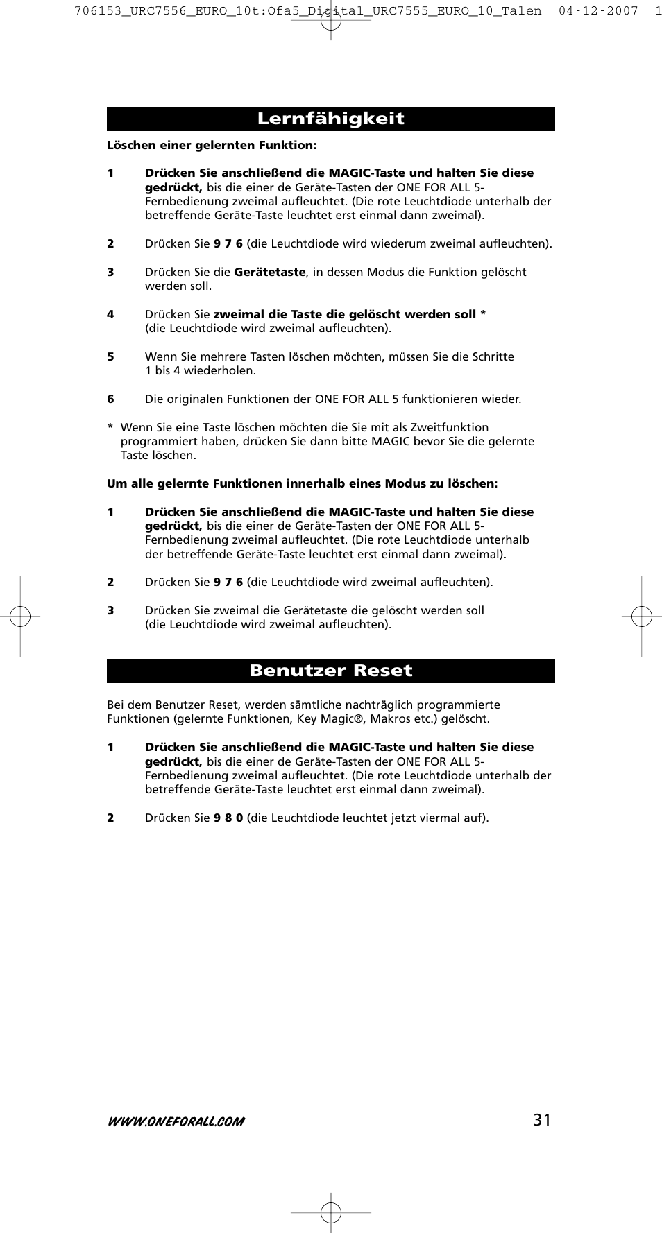 Benutzer reset, Lernfähigkeit | One for All URC-7556 User Manual | Page 32 / 224