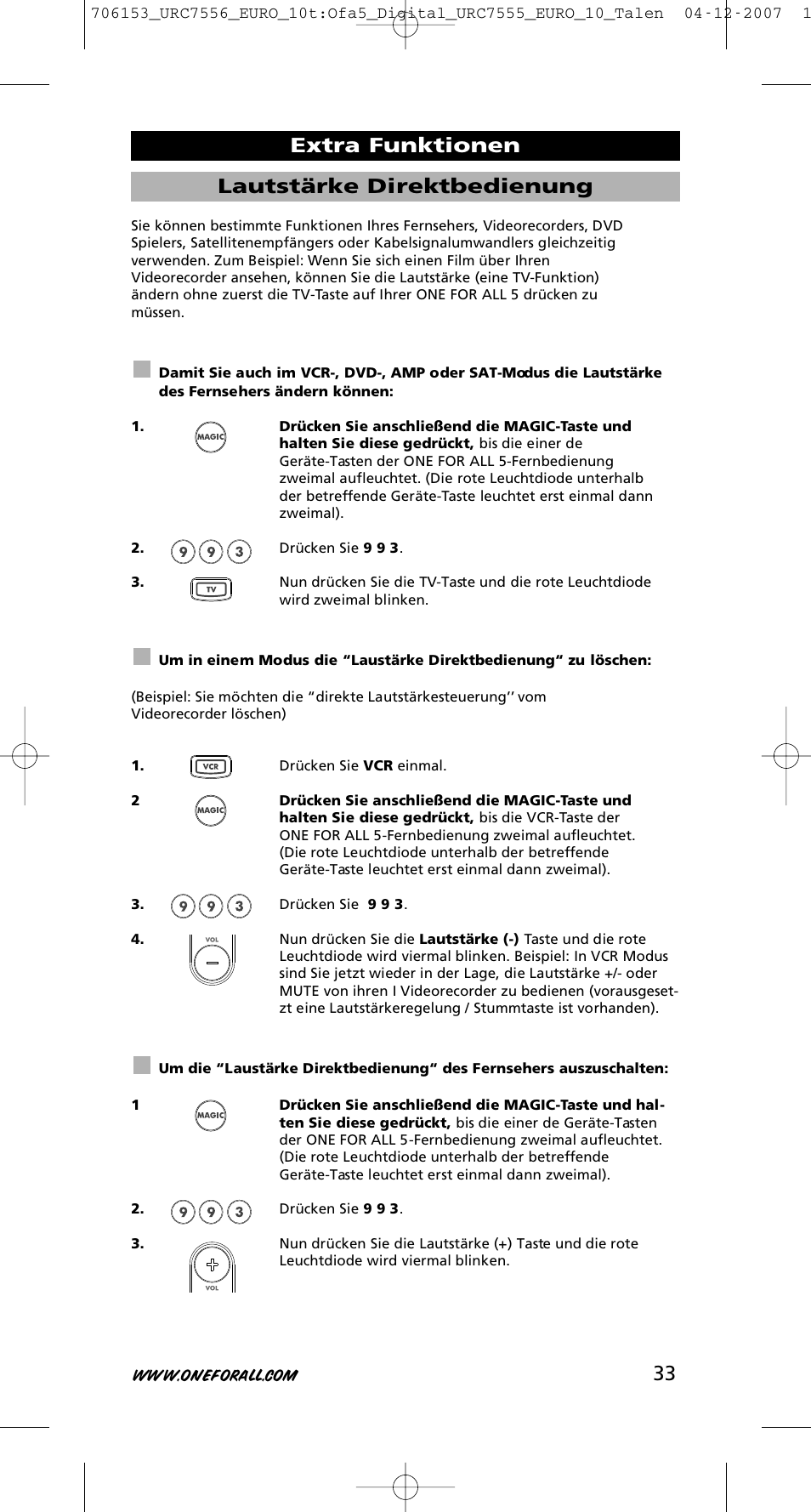 33 lautstärke direktbedienung, Extra funktionen | One for All URC-7556 User Manual | Page 34 / 224