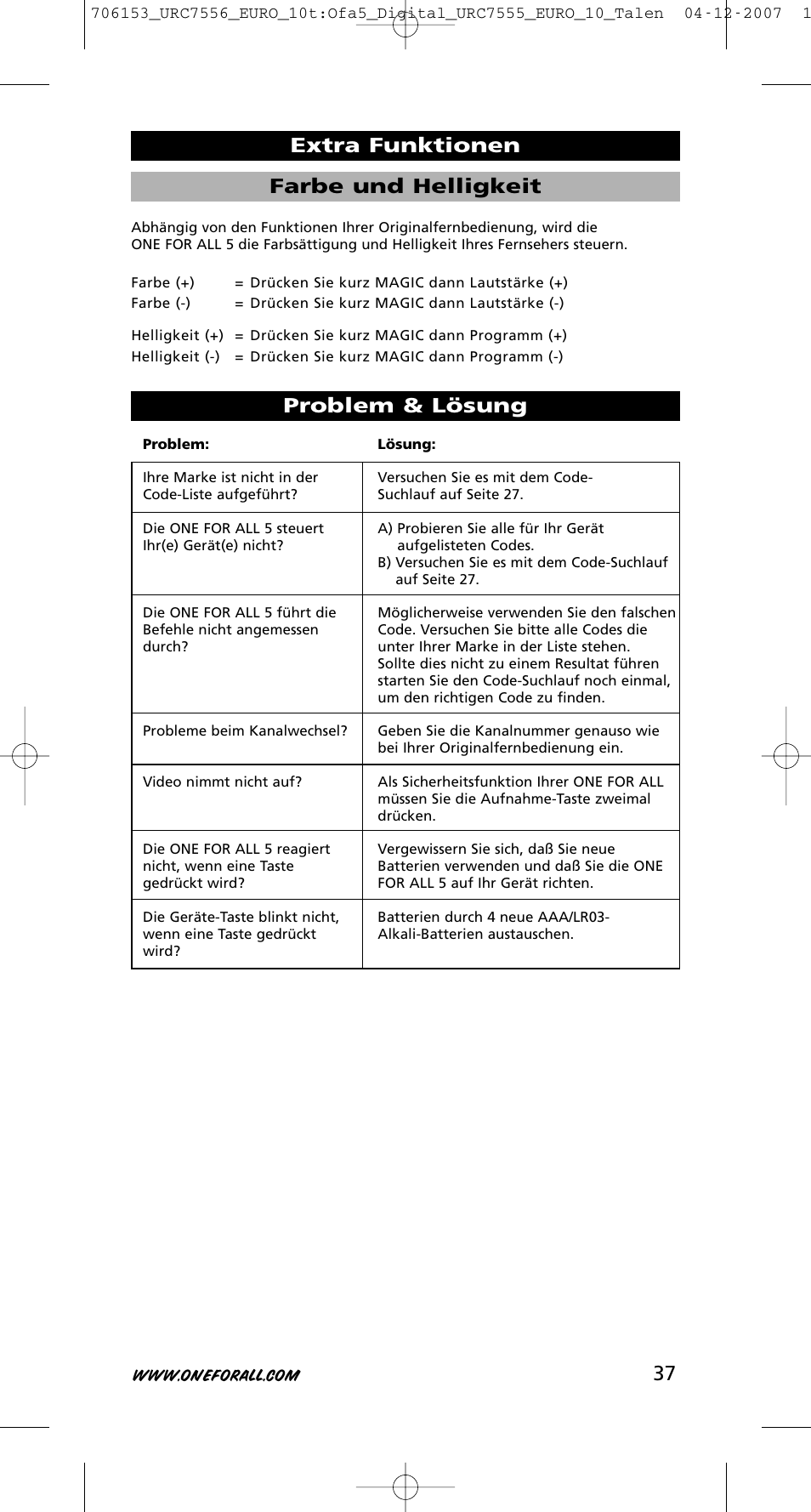 37 problem & lösung, Farbe und helligkeit extra funktionen | One for All URC-7556 User Manual | Page 38 / 224