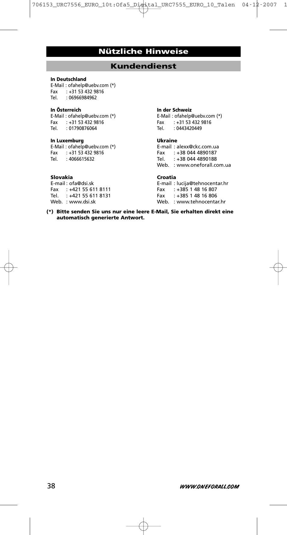 Kundendienst, Nützliche hinweise | One for All URC-7556 User Manual | Page 39 / 224