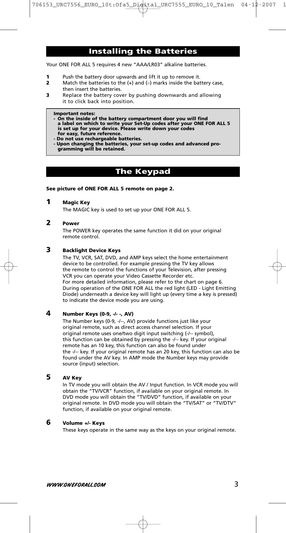 3installing the batteries, The keypad | One for All URC-7556 User Manual | Page 4 / 224