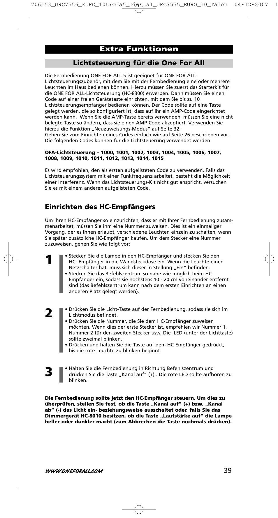 Einrichten des hc-empfängers | One for All URC-7556 User Manual | Page 40 / 224