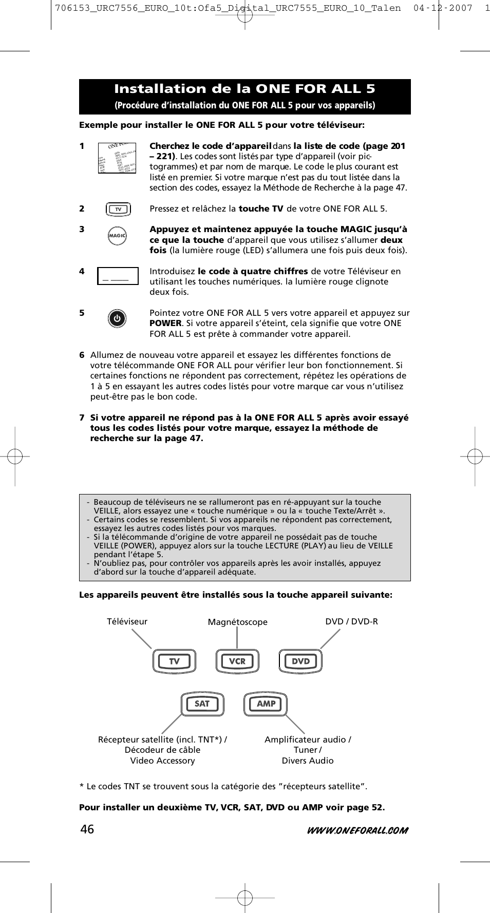 Installation de la one for all 5 | One for All URC-7556 User Manual | Page 47 / 224